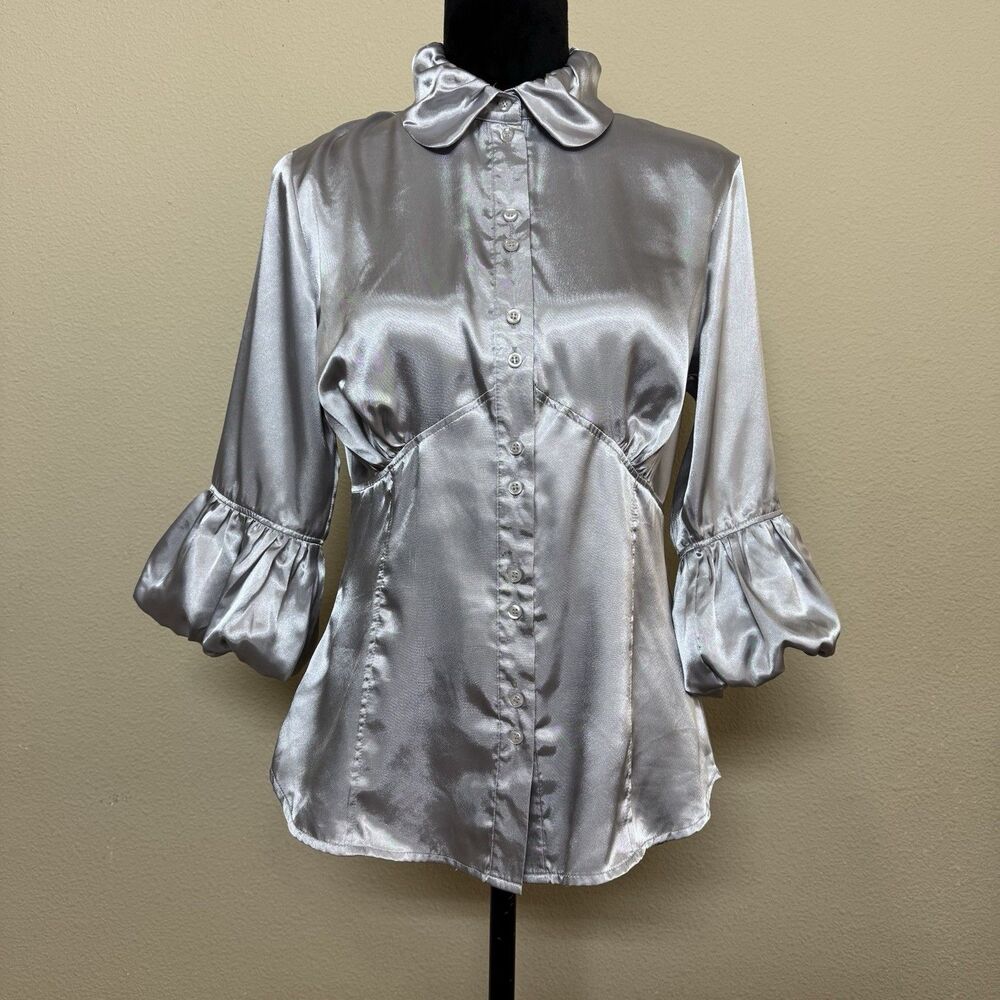 violet + claire blouse women small button up Metallic puff sleeve top silver